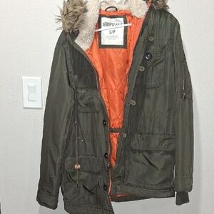 Aeropostale Khaki Jacket with Faux Fur and Orange Lining